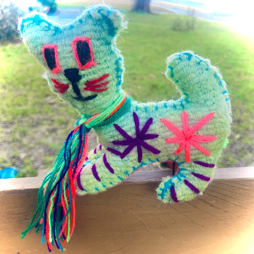 Handmade Mexican Felt Green Kitty Cat - Mexican Stuffed Animal - Artesania